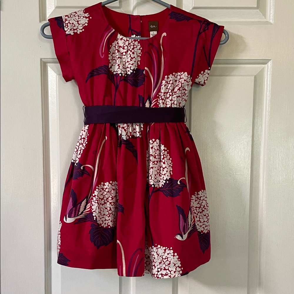Tea Collection Girls' Deep Red Floral Dress with Navy Belt